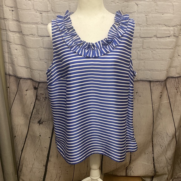 Talbots Women Top Size XL Blue White Stripe Sleeveless Ruffle Collar Side Zip - Picture 3 of 11